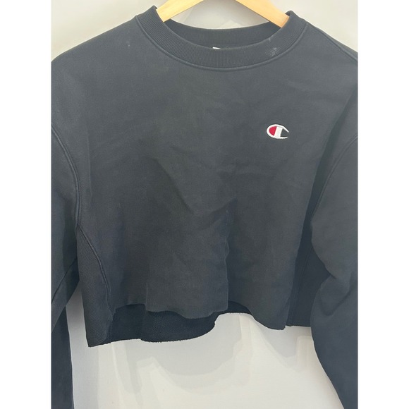 Champion Reverse Weave Cropped Sweatshirt Black Crewneck Women's Medium - Picture 2 of 3